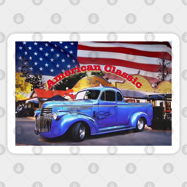 Classic Old American Truck in Blue with American Flag Sticker by Custom Autos